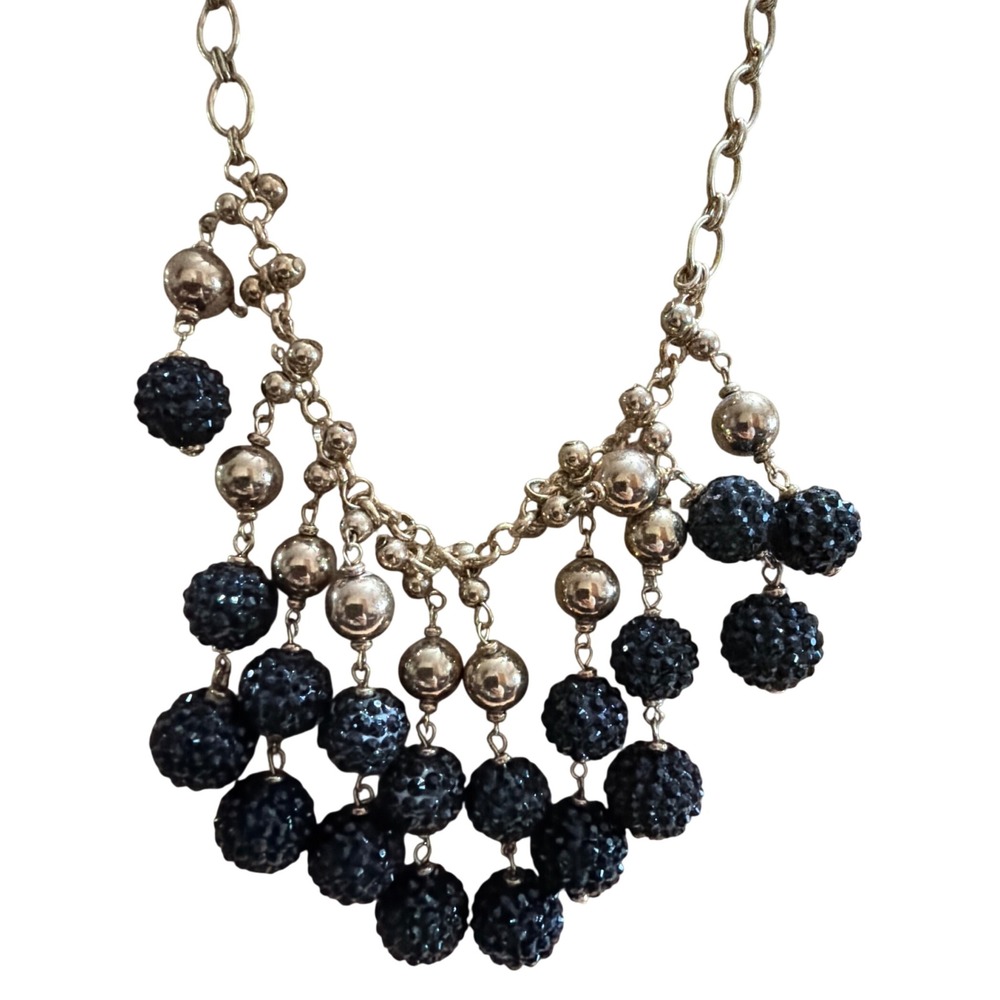 Gold Tone Black Pave Disco Ball Bead Tiered Bib Statement Necklace Chunky